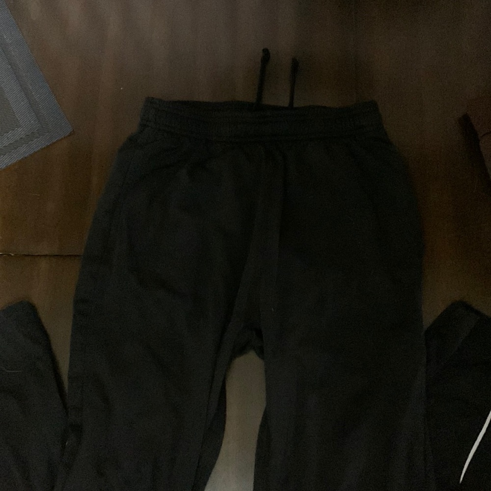 black sweat pants, have gray strip, hardly worn